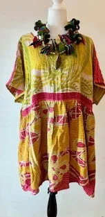 Artisan Kantha Bae  Quilt Mini Dress. Comfortable, Soft, and Very Chic (Lime)