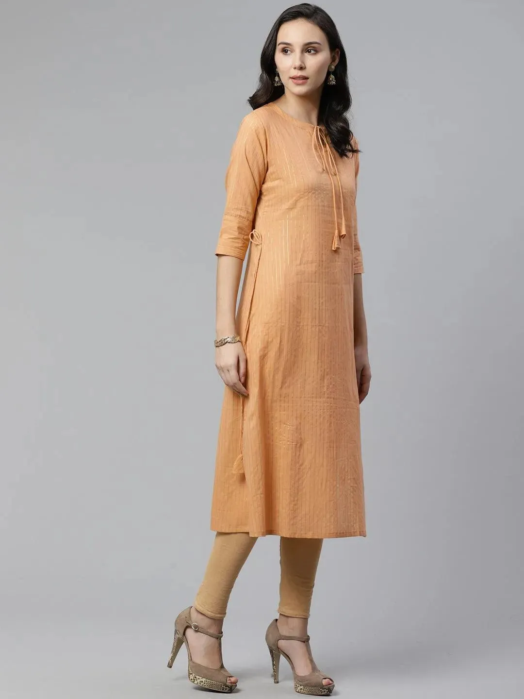 Beige Striped Cotton Kurta