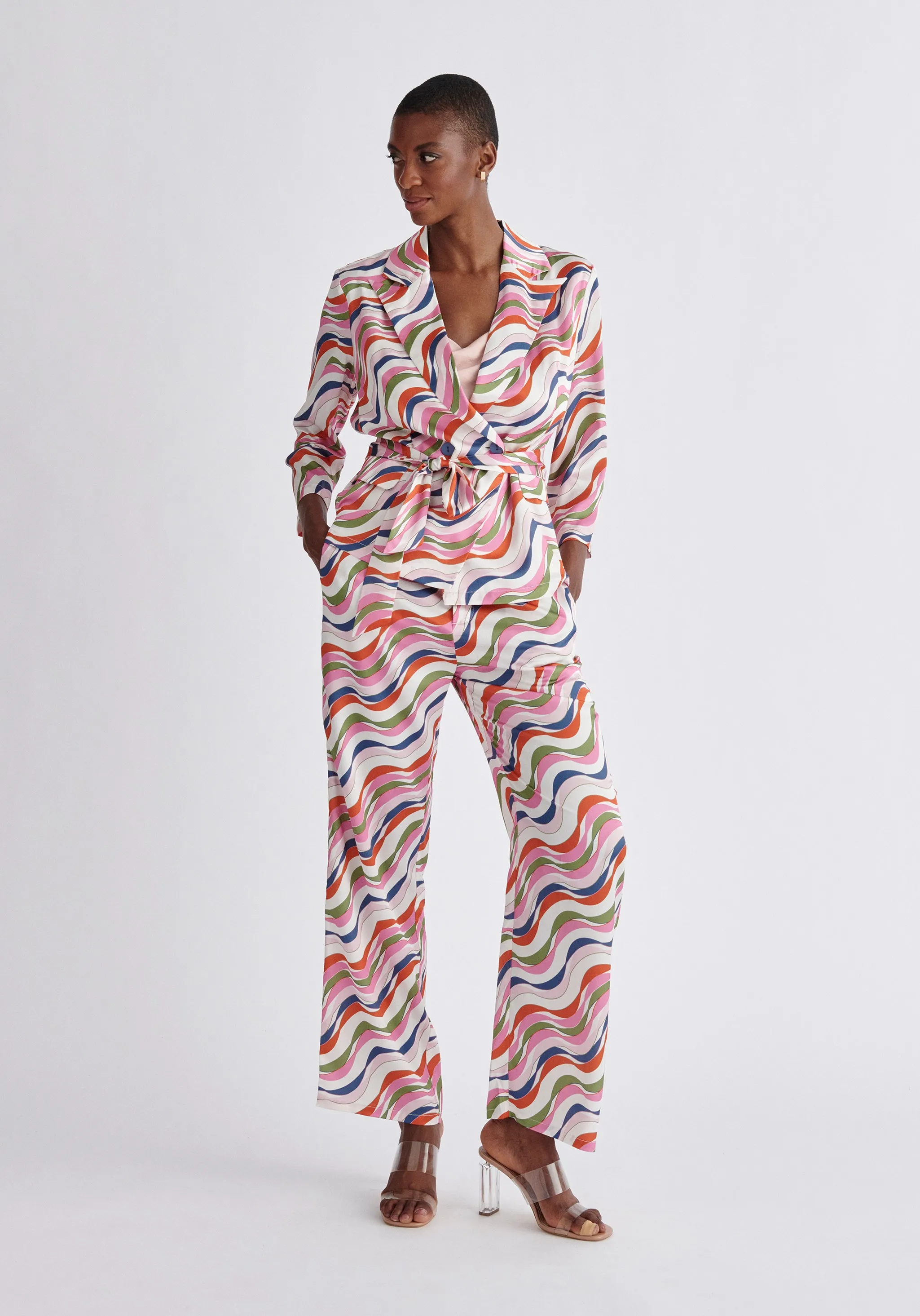 Belted Wave Print Blazer