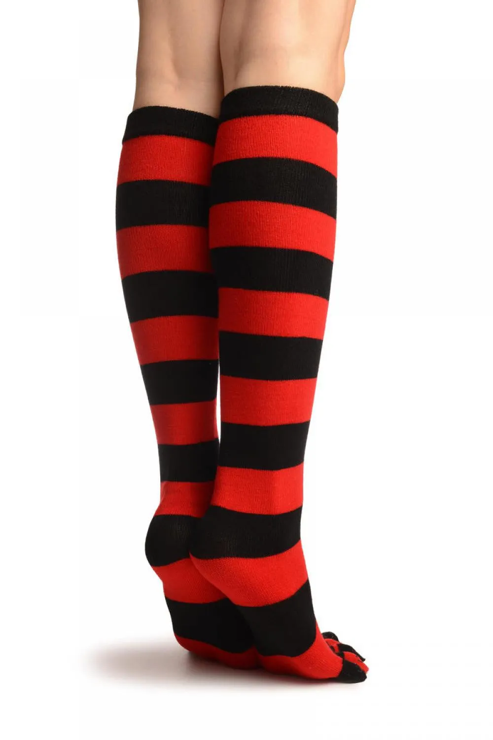 Black & Red Stripes & Printed Smiles Knee High Toe Socks