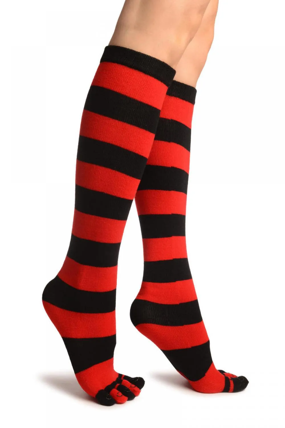 Black & Red Stripes & Printed Smiles Knee High Toe Socks