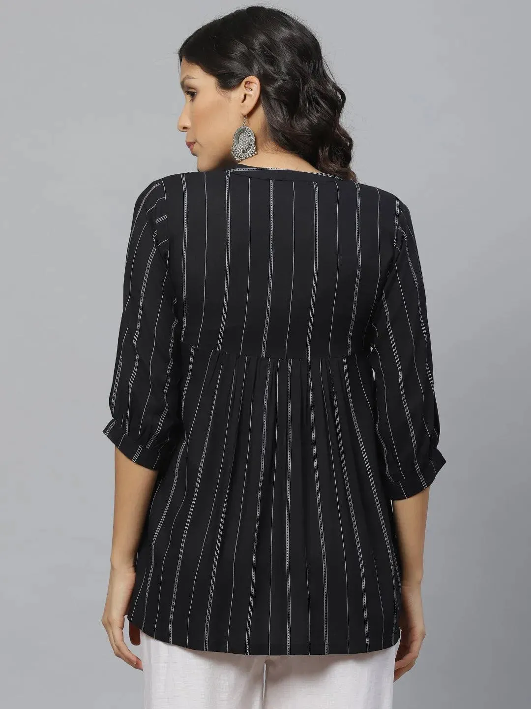 Black Striped Rayon Kurti With Mask