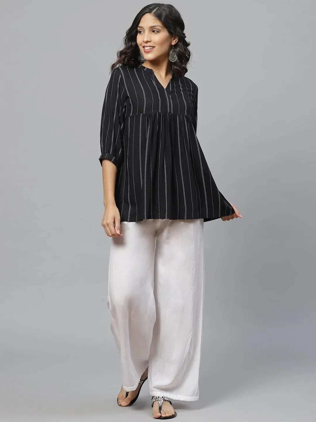Black Striped Rayon Kurti With Mask