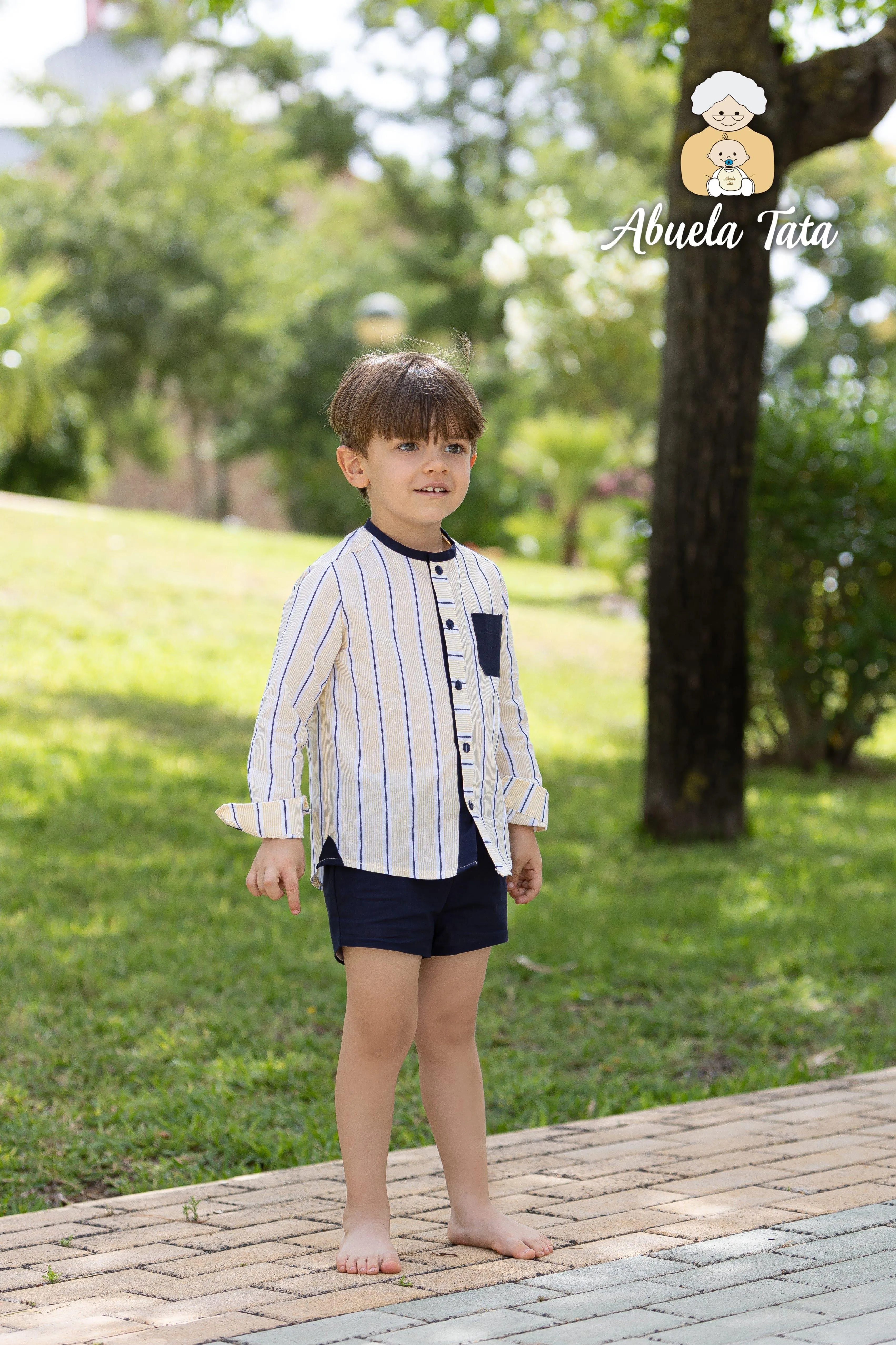 CLEARANCE SALE Abuela Tata - Boys Lemon & Navy Shorts & Shirt Set
