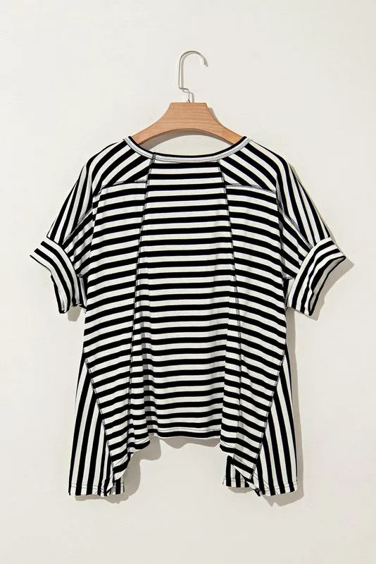 Cotton Striped Batwing Sleeve Oversized Top