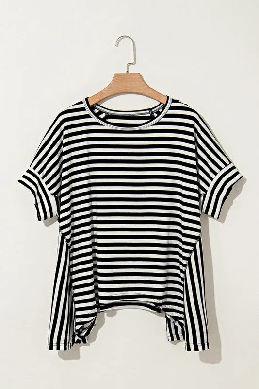 Cotton Striped Batwing Sleeve Oversized Top