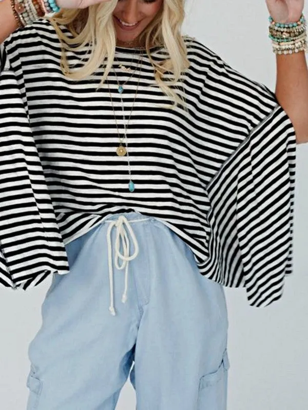 Cotton Striped Batwing Sleeve Oversized Top