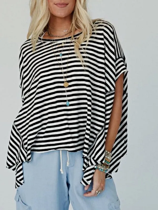 Cotton Striped Batwing Sleeve Oversized Top