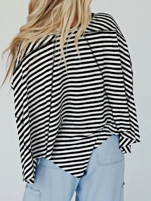 Cotton Striped Batwing Sleeve Oversized Top