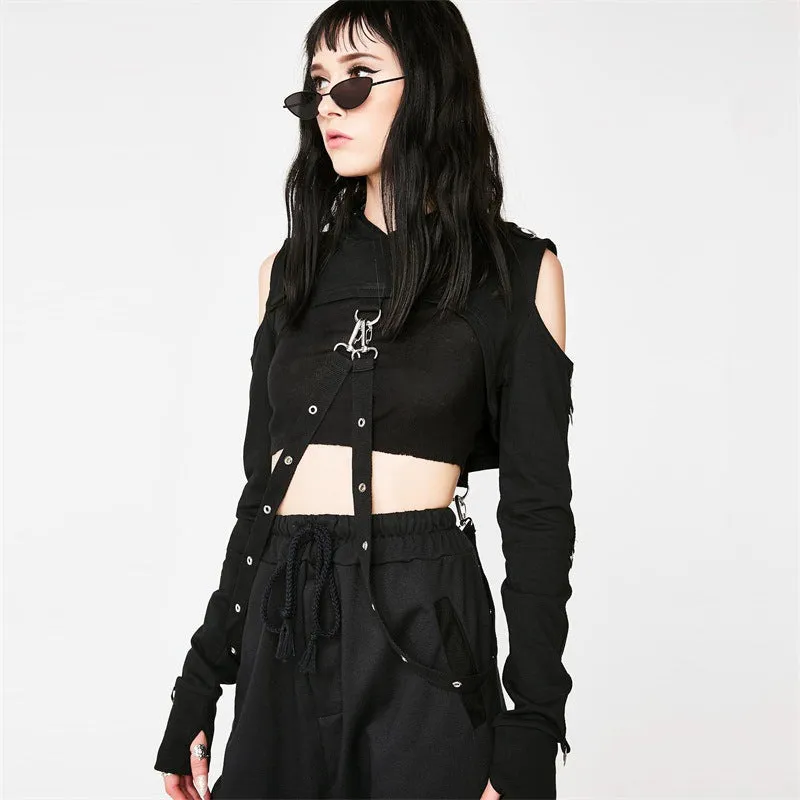Eclipse of Elegance: Dark Gothic Hollow Out Off Shoulder Hoodie - Unleash Your Inner Mystery! 🖤✨