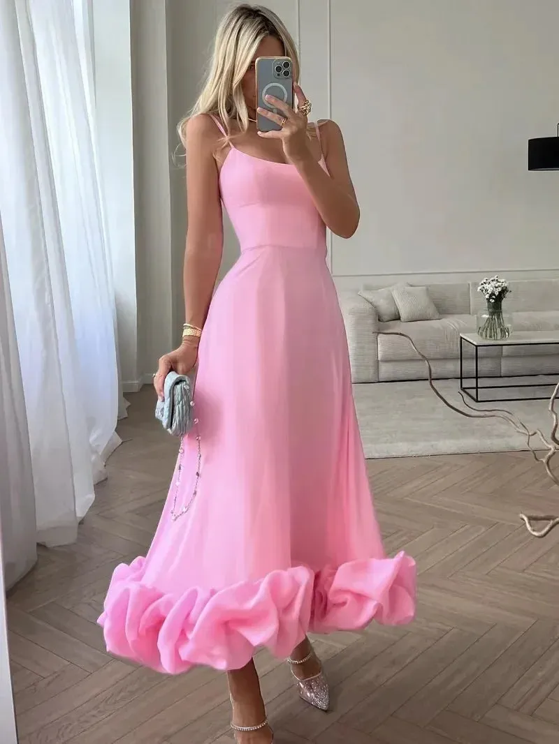 Girlary Elegant 2024 Women's Sleeveless High Waist A-line Ruffles Dress Female Zip-up Backless Tunics Mid-calf Evening Party Dresses