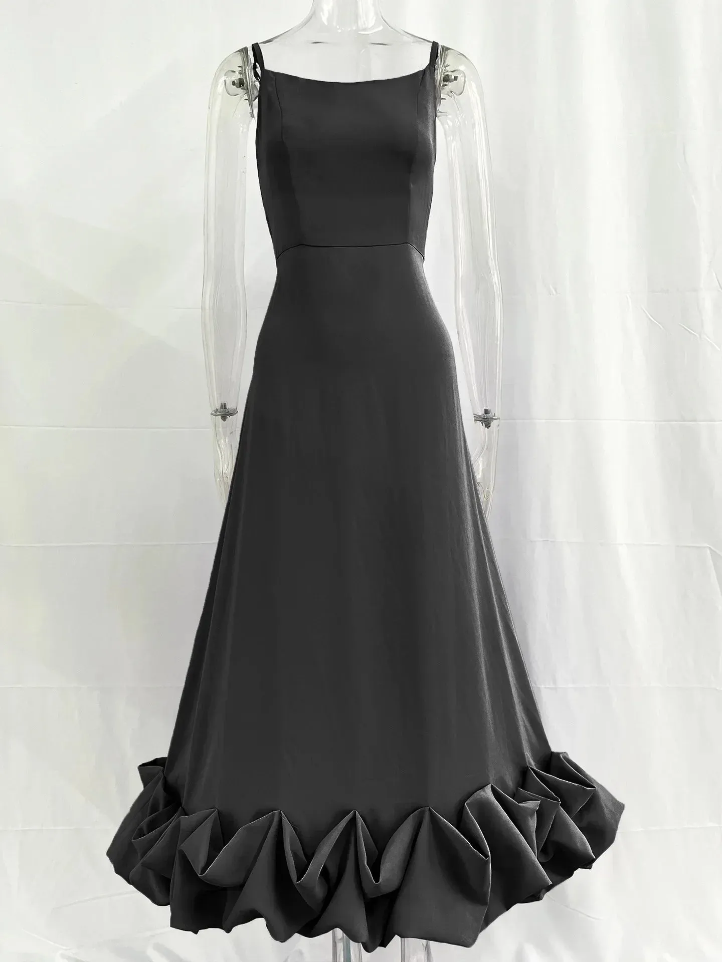 Girlary Elegant 2024 Women's Sleeveless High Waist A-line Ruffles Dress Female Zip-up Backless Tunics Mid-calf Evening Party Dresses