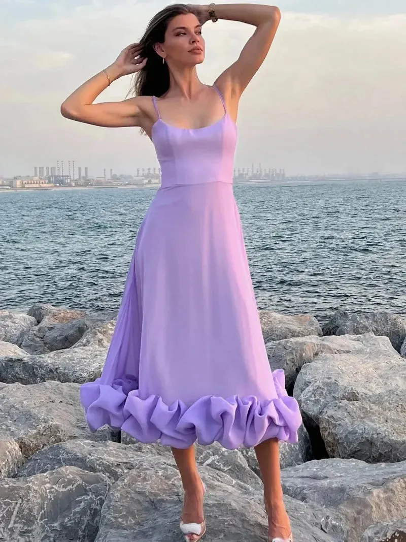 Girlary Elegant 2024 Women's Sleeveless High Waist A-line Ruffles Dress Female Zip-up Backless Tunics Mid-calf Evening Party Dresses