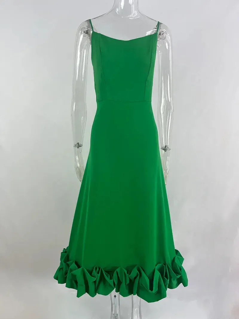 Girlary Elegant 2024 Women's Sleeveless High Waist A-line Ruffles Dress Female Zip-up Backless Tunics Mid-calf Evening Party Dresses