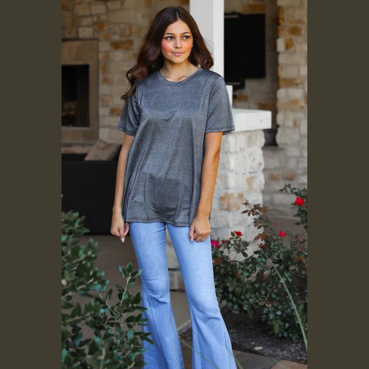 Glitter Short Sleeve  T Shirt in Black