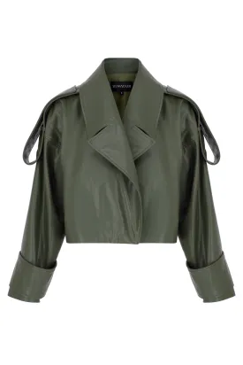 Green Vegan Leather Shoulder Detailed Jacket