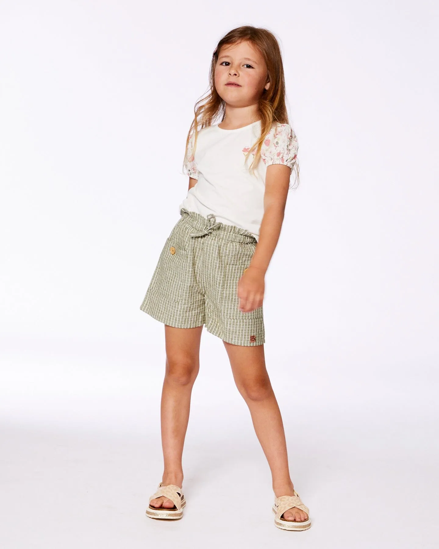 Linen Short With Pockets Medium Green And Cream Striped