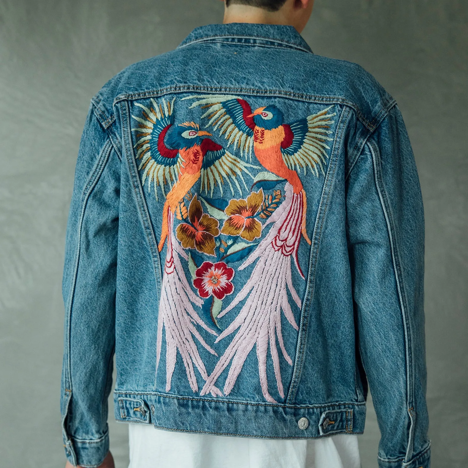 MK22512 - Embroidered Denim Jacket Black - Hooded
