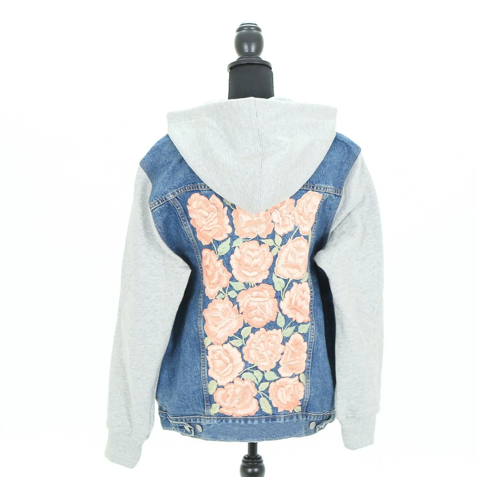MK22512 - Embroidered Denim Jacket Black - Hooded