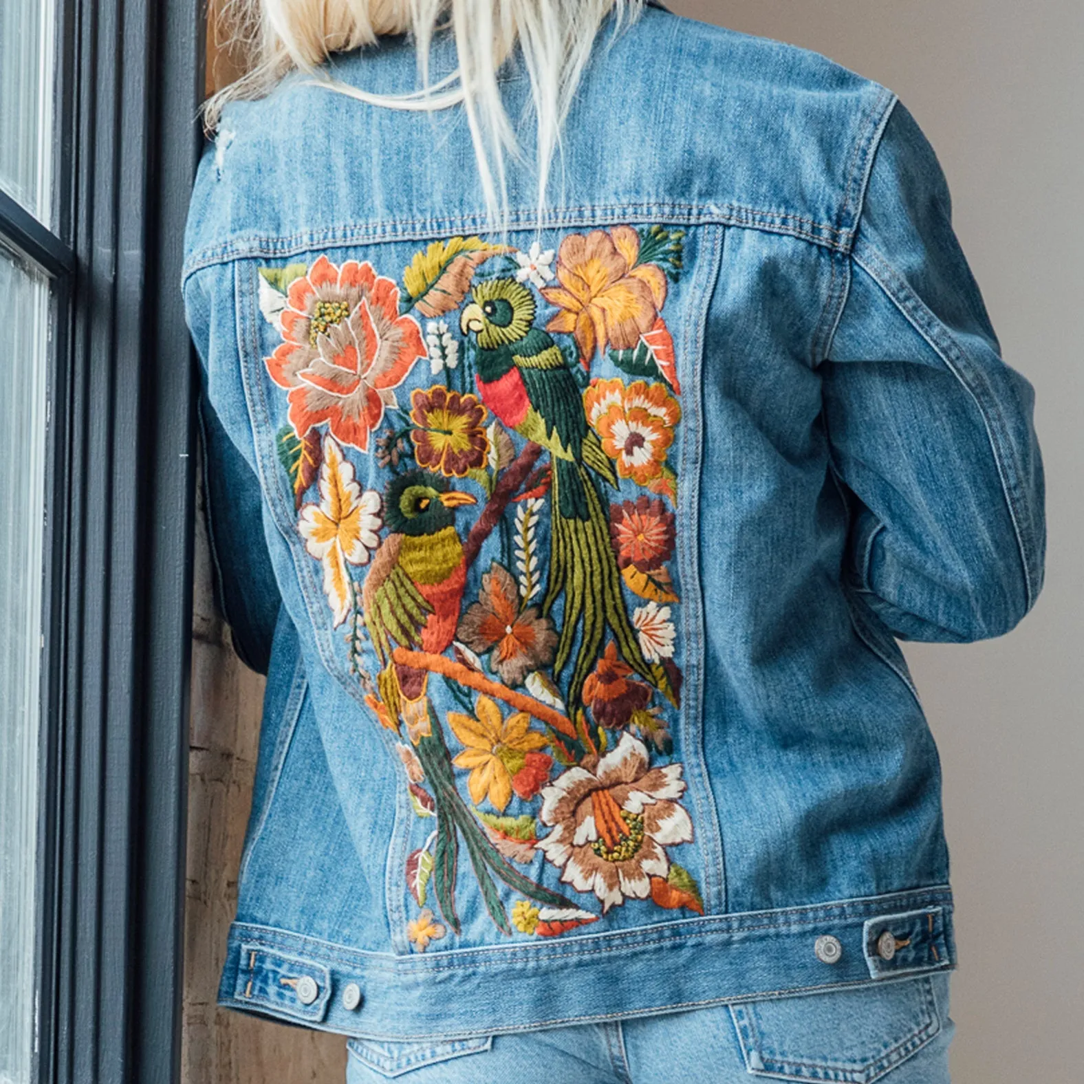 MK22512 - Embroidered Denim Jacket Black - Hooded