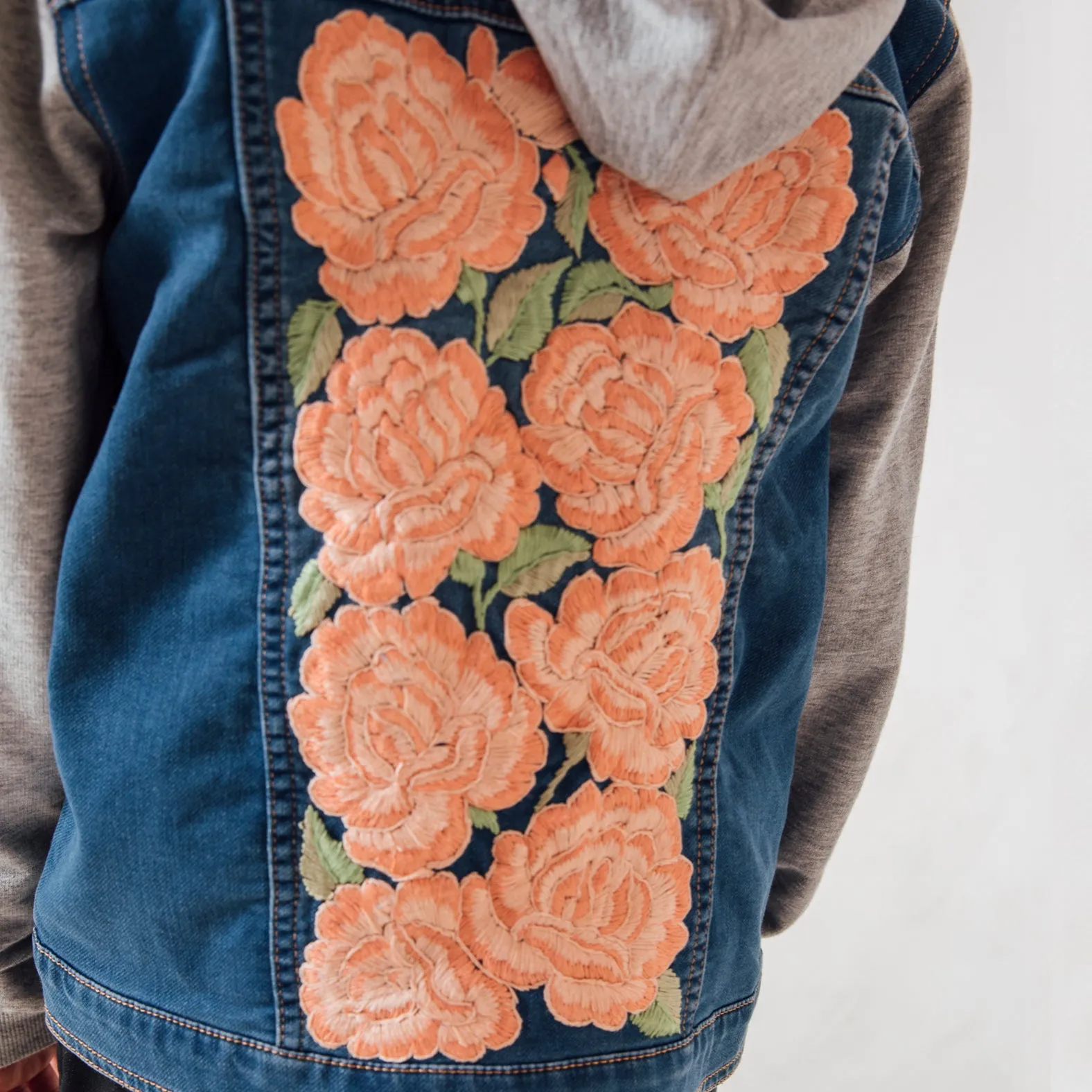 MK22512 - Embroidered Denim Jacket Black - Hooded