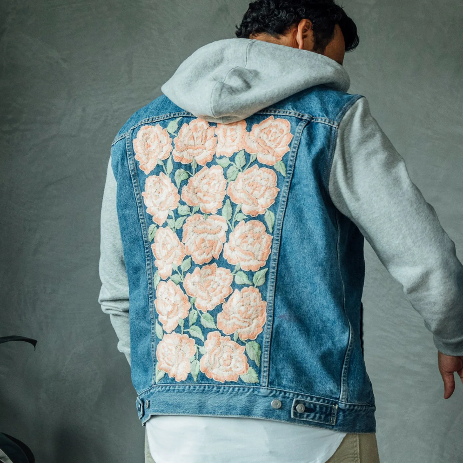 MK22512 - Embroidered Denim Jacket Black - Hooded