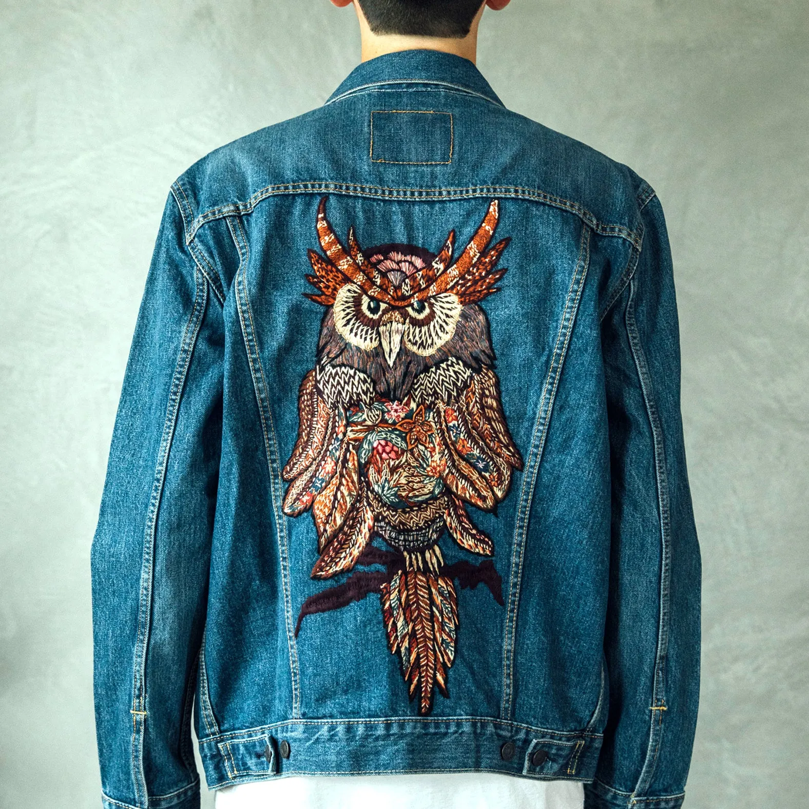 MK22512 - Embroidered Denim Jacket Black - Hooded