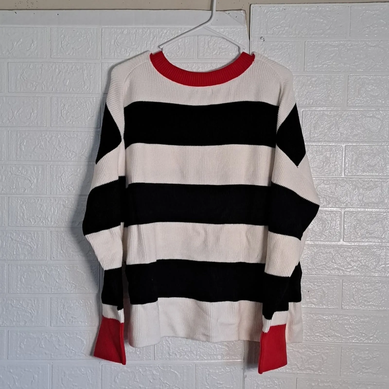 Nautica Striped V Neck Sweater Black White Red
