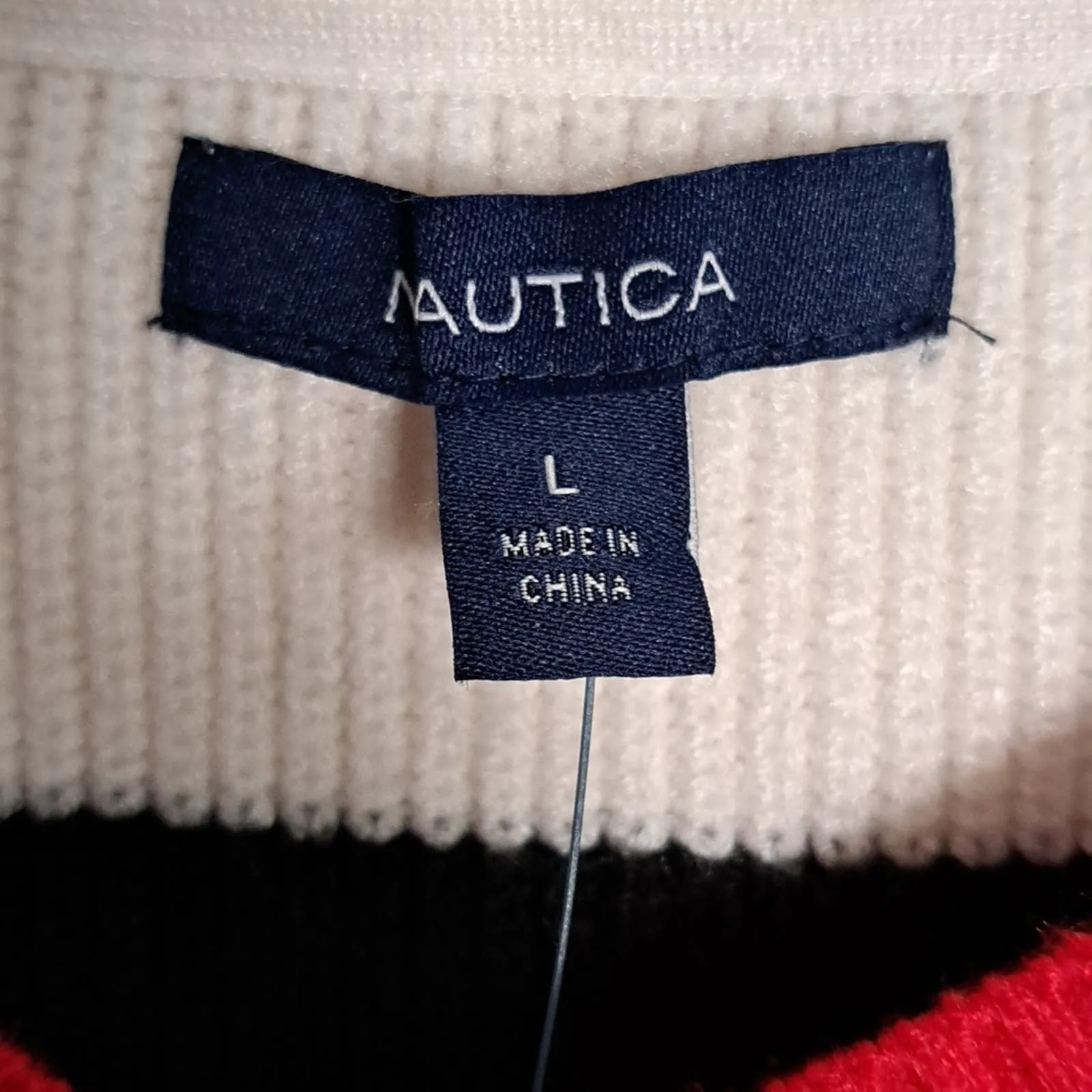 Nautica Striped V Neck Sweater Black White Red