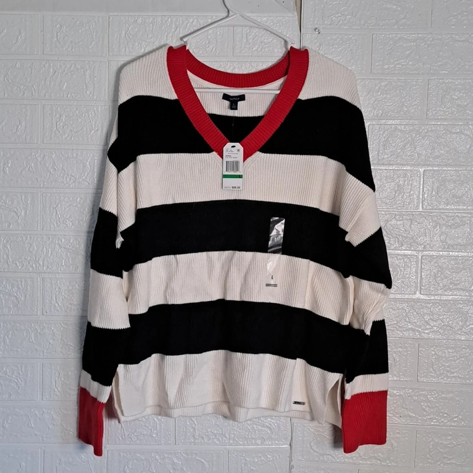 Nautica Striped V Neck Sweater Black White Red