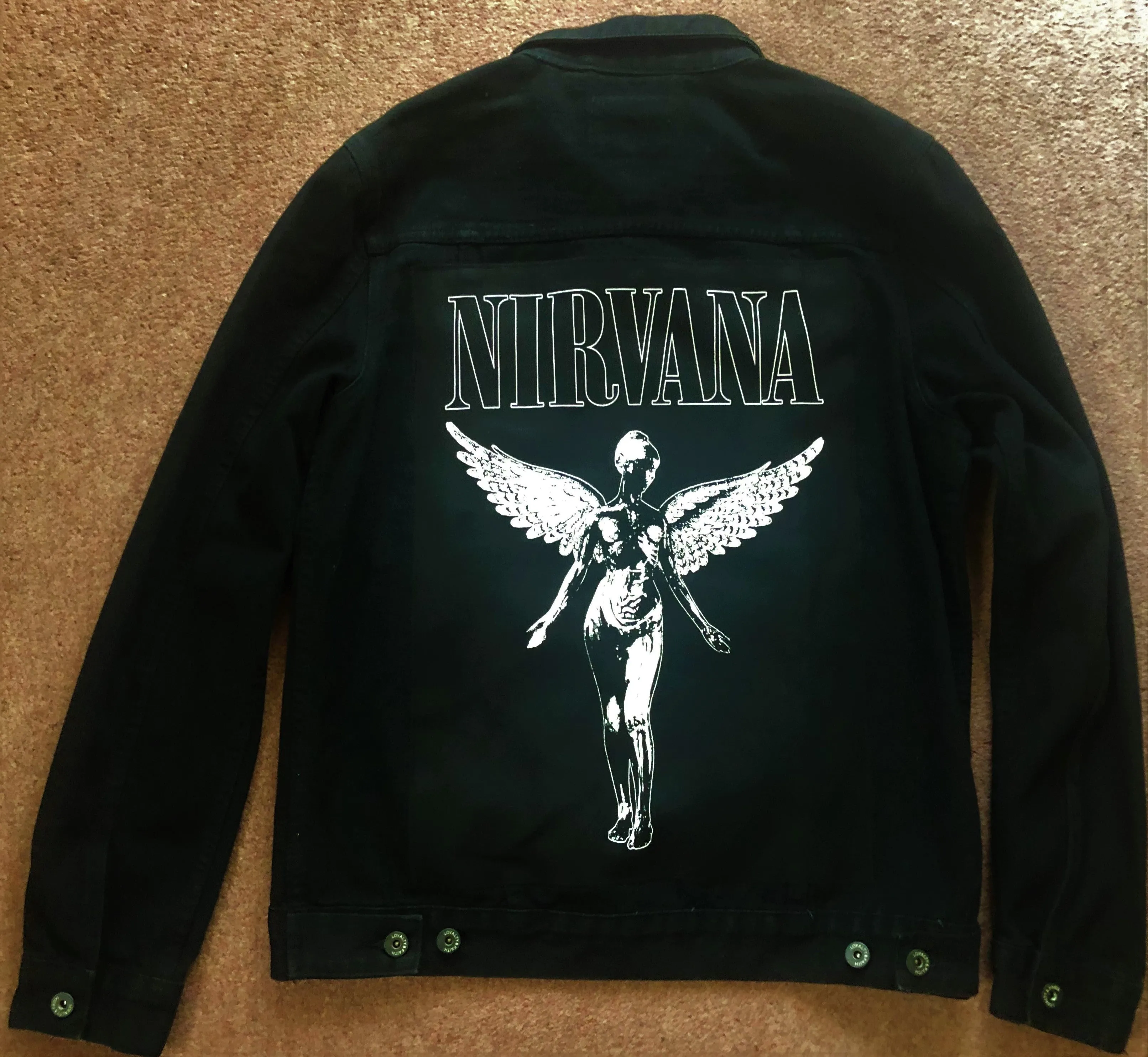 Nirvana In Utero Black Denim Battle Jacket Dumb Smiley Hangover