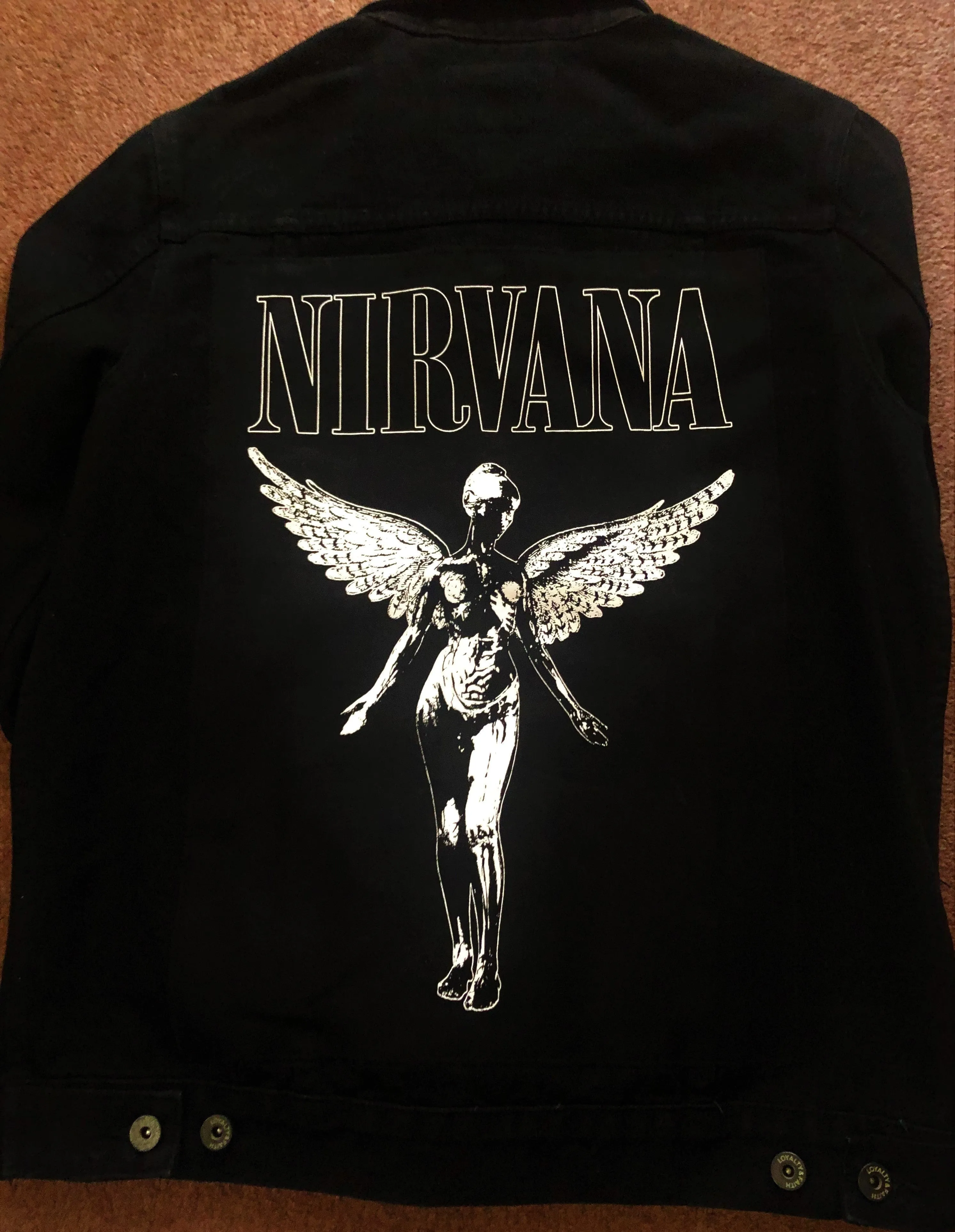 Nirvana In Utero Black Denim Battle Jacket Dumb Smiley Hangover