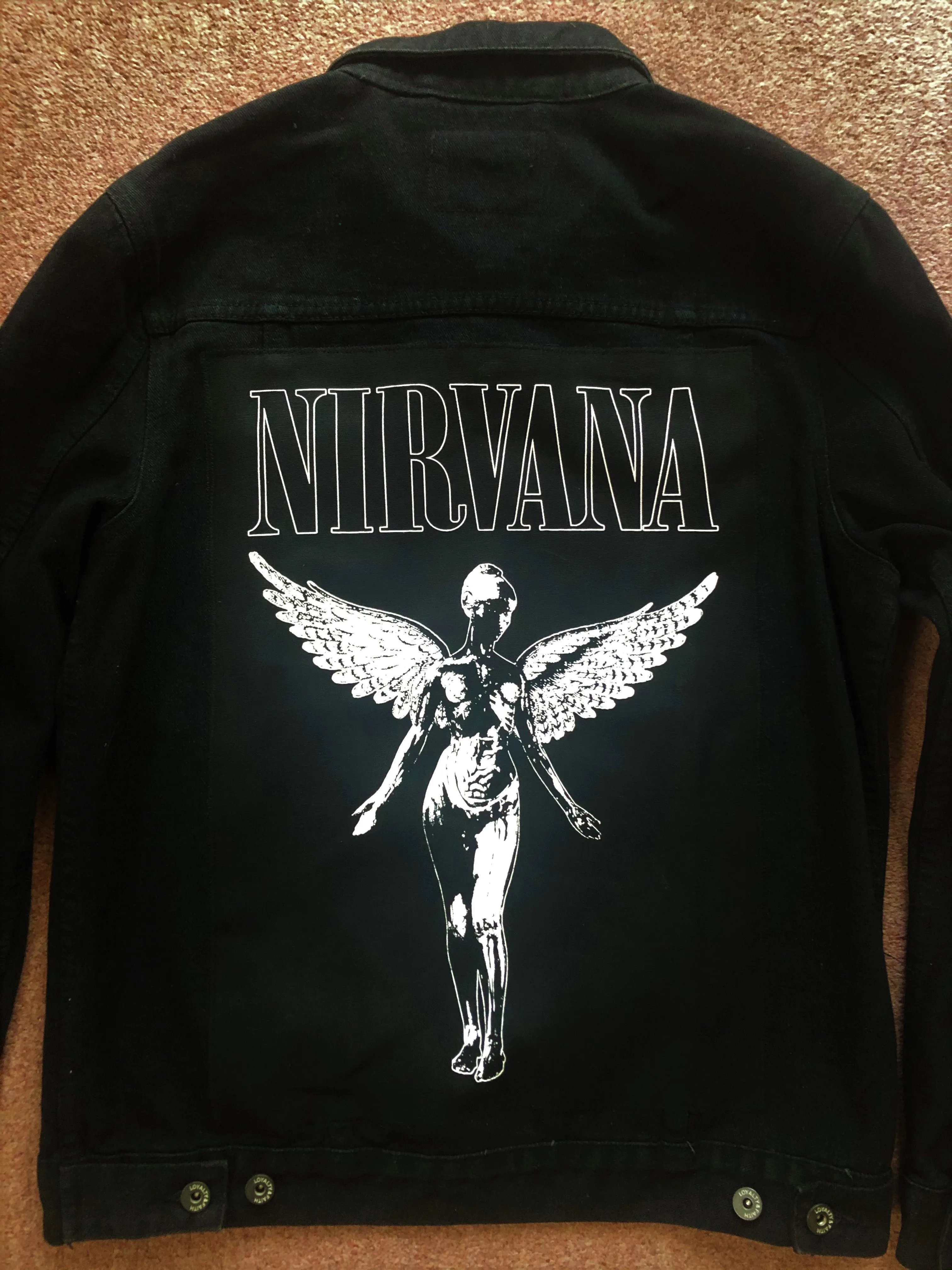 Nirvana In Utero Black Denim Battle Jacket Dumb Smiley Hangover