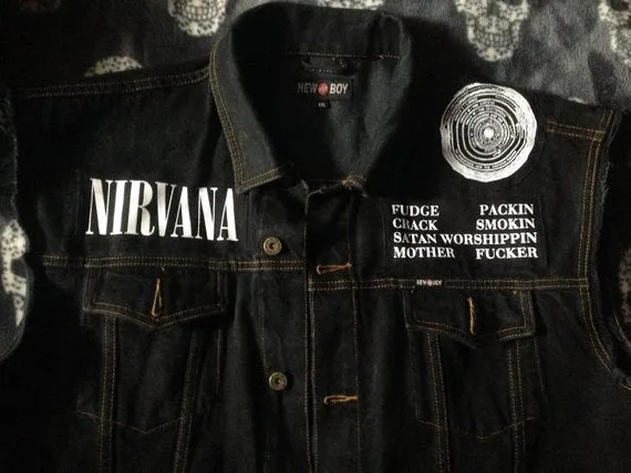 Nirvana In Utero Black Denim Battle Jacket Dumb Smiley Hangover