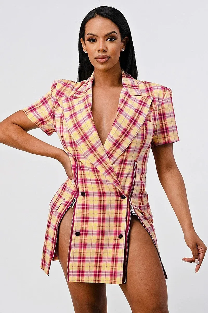 Plaid Blazer Slit Mini Dress