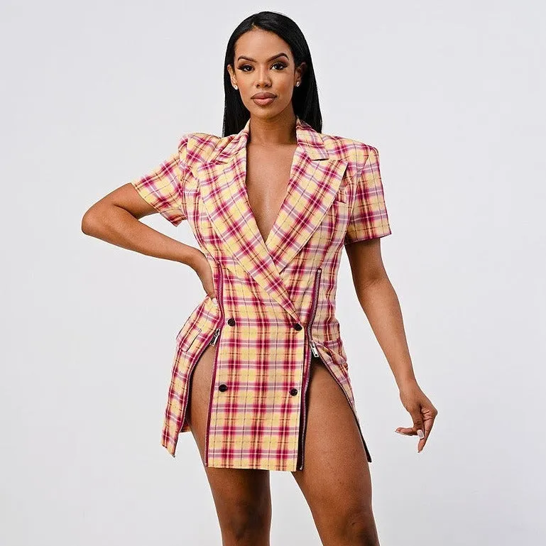 Plaid Blazer Slit Mini Dress