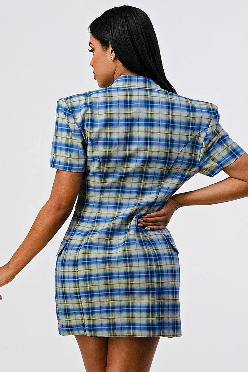 Plaid Blazer Slit Mini Dress