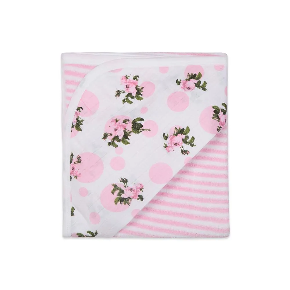 Premium Baby Hooded Towel Stripes Pattern With Tea Rose Print Muslin Hood, Soft and Lightweight - Pink