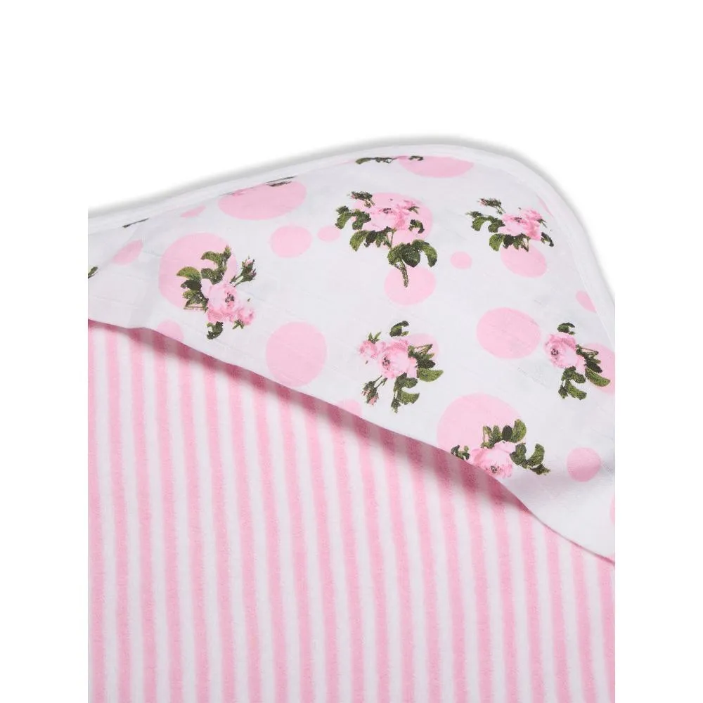 Premium Baby Hooded Towel Stripes Pattern With Tea Rose Print Muslin Hood, Soft and Lightweight - Pink
