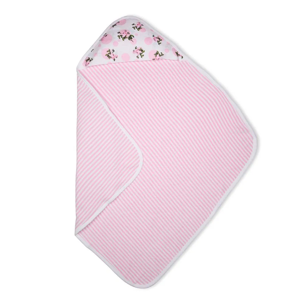 Premium Baby Hooded Towel Stripes Pattern With Tea Rose Print Muslin Hood, Soft and Lightweight - Pink