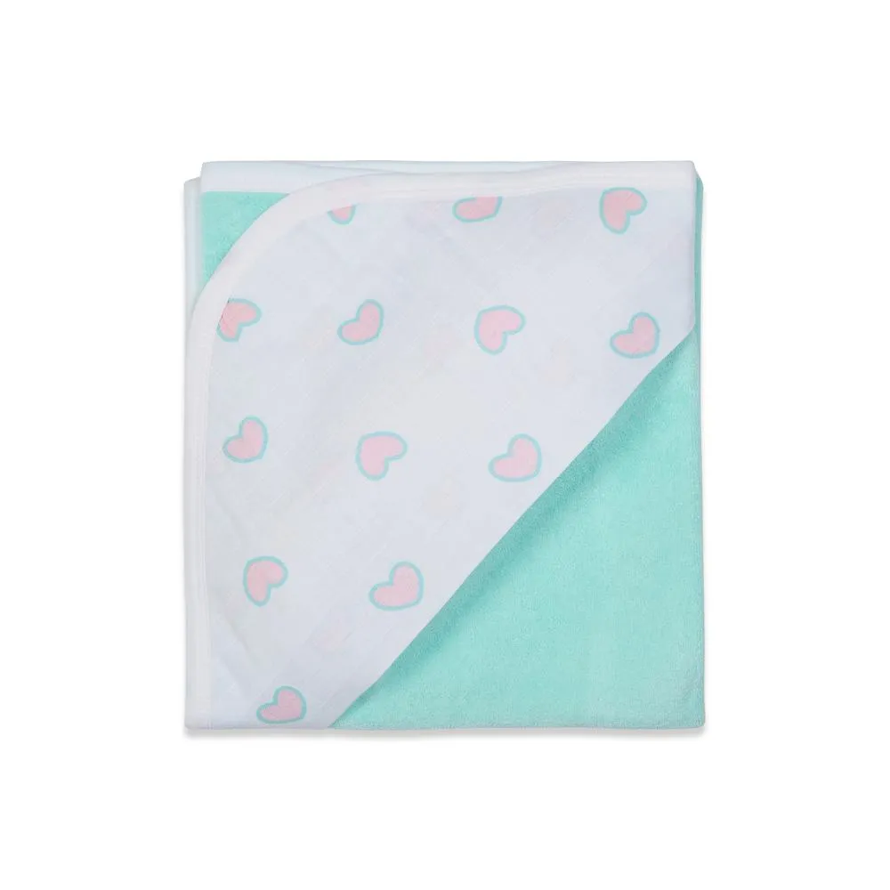 Premium Baby Hooded Towel With Heart Print Muslin Hood, Soft and Lightweight - Blue Tint
