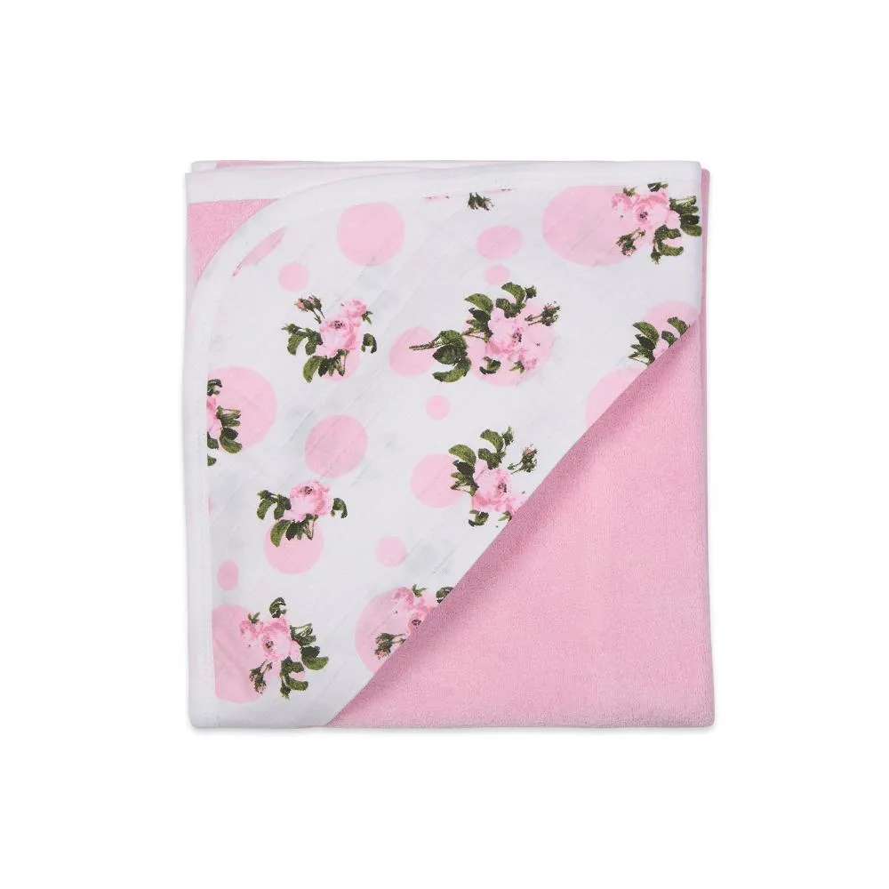 Premium Baby Hooded Towel With Tea Rose Print Muslin Hood, Soft and Lightweight - Pink