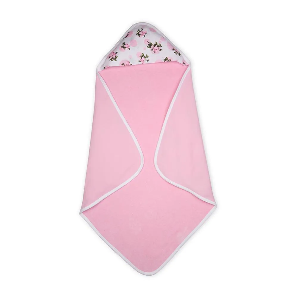 Premium Baby Hooded Towel With Tea Rose Print Muslin Hood, Soft and Lightweight - Pink