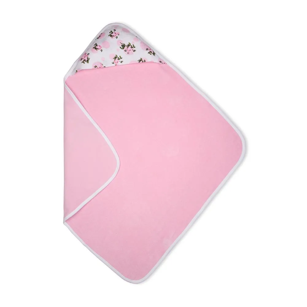 Premium Baby Hooded Towel With Tea Rose Print Muslin Hood, Soft and Lightweight - Pink