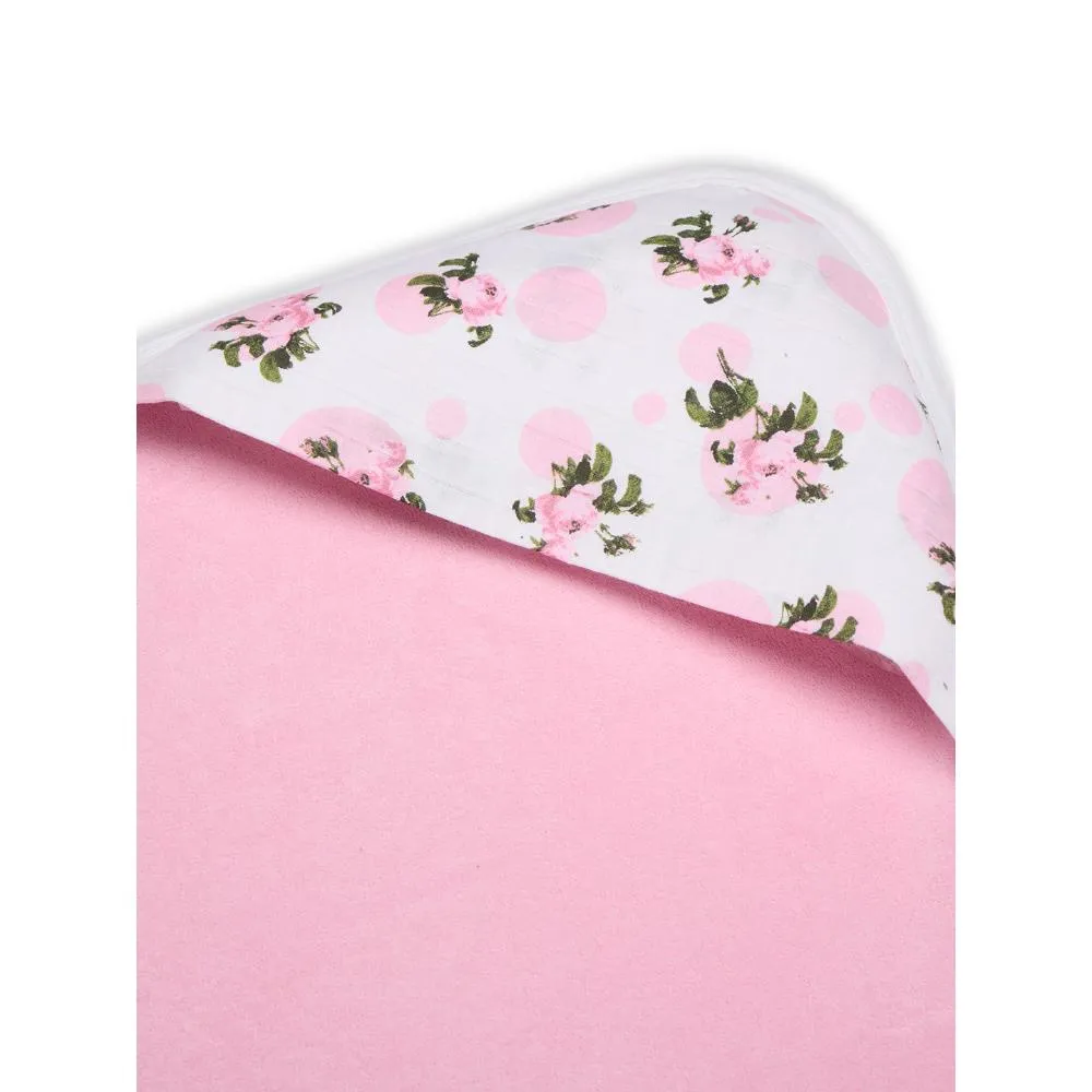Premium Baby Hooded Towel With Tea Rose Print Muslin Hood, Soft and Lightweight - Pink