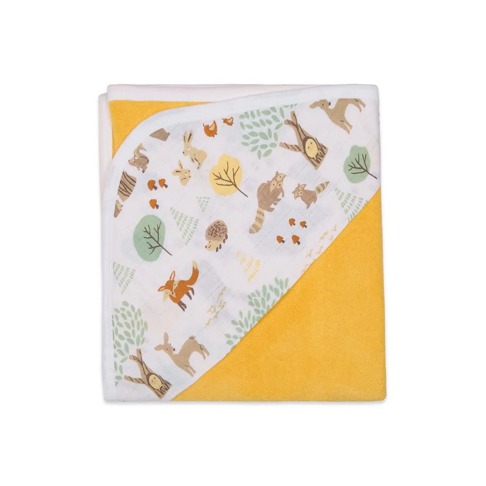 Premium Baby Hooded Towel With Woodland Wonders Muslin Hood, Soft and Lightweight - Yellow