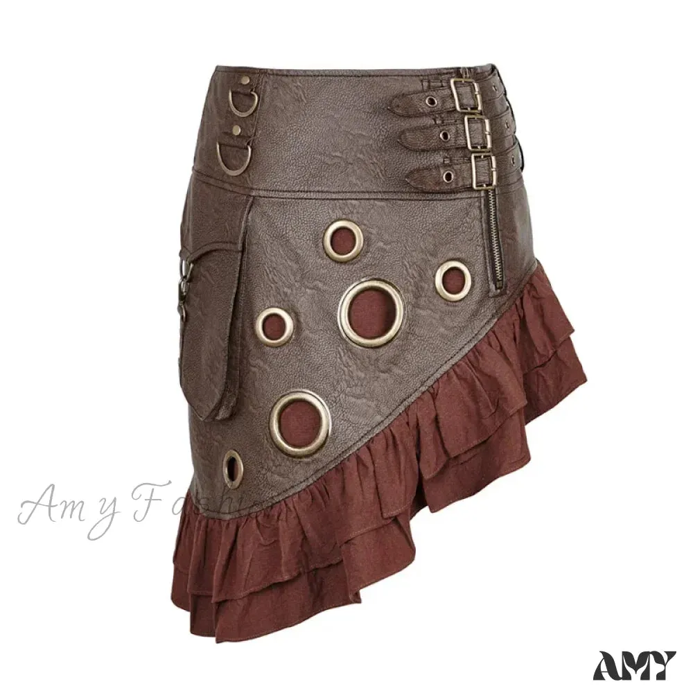PU Knee Texture Vintage Party Flounce Rock Symmetrical Skirt Leather Length Kilt Steam Coarse-grain