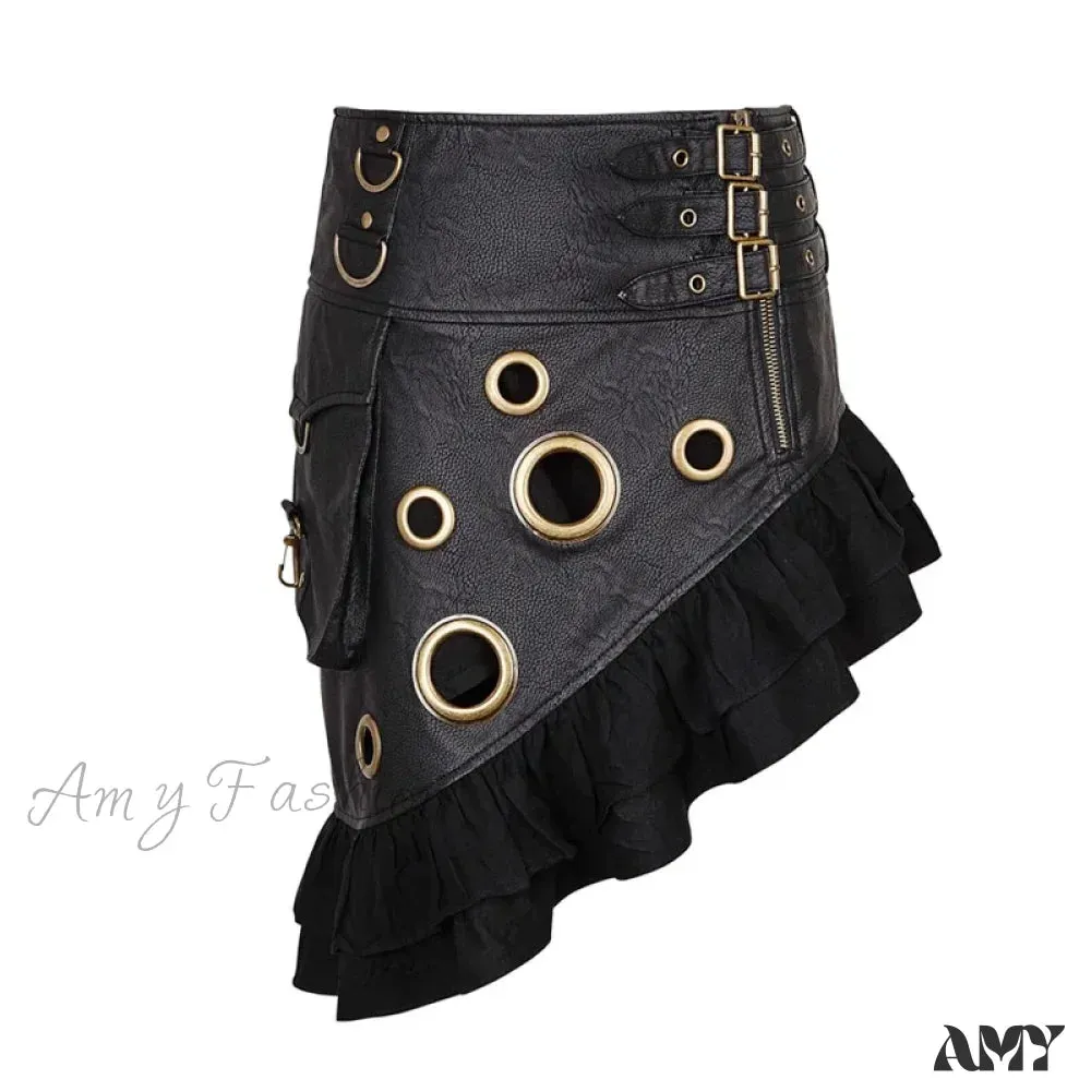 PU Knee Texture Vintage Party Flounce Rock Symmetrical Skirt Leather Length Kilt Steam Coarse-grain