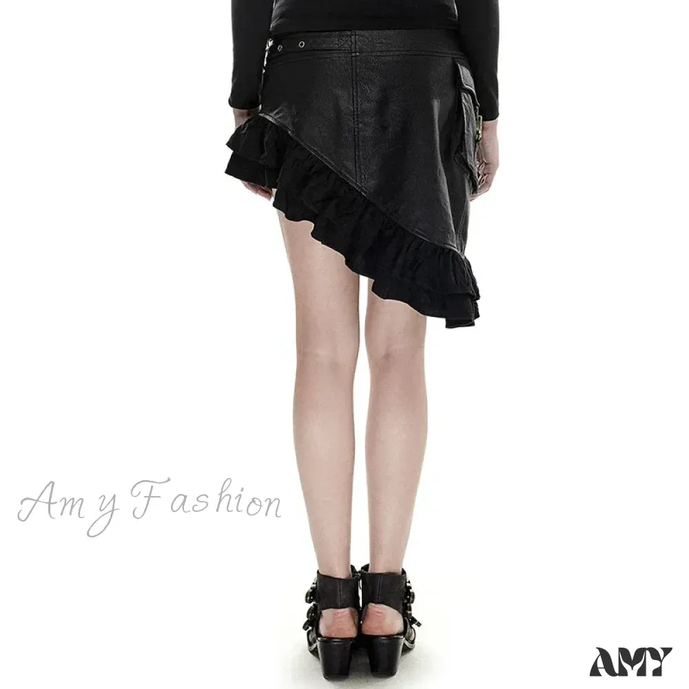 PU Knee Texture Vintage Party Flounce Rock Symmetrical Skirt Leather Length Kilt Steam Coarse-grain
