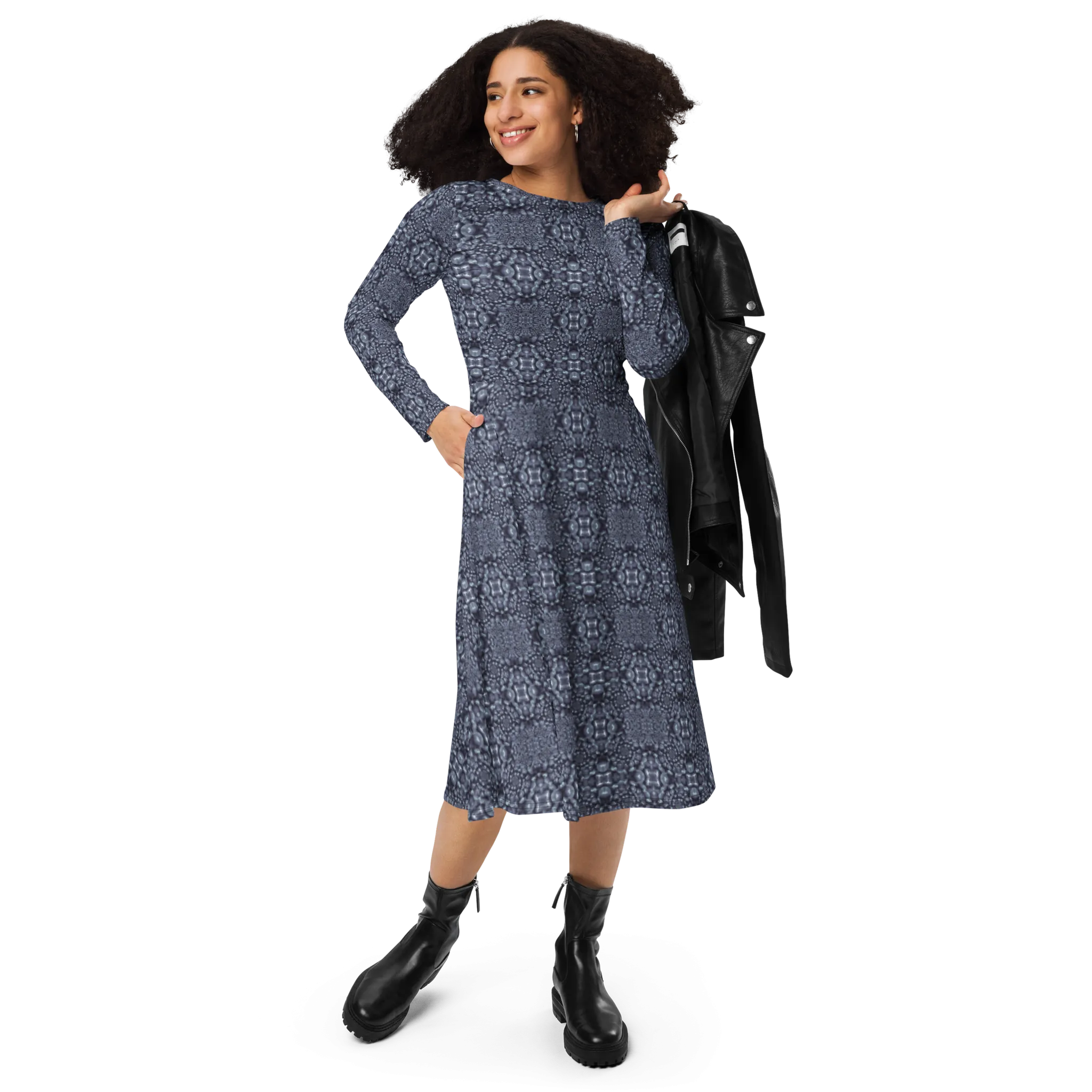 Recursia Indranet Long Sleeve Midi Dress In Blue